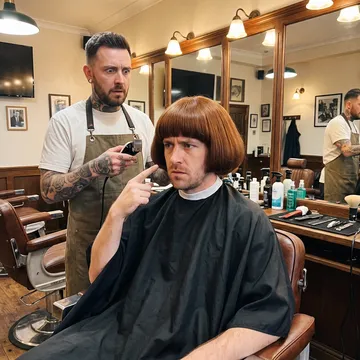 A man in a barber’s chair wearing the bob while the barber stares, clippers in hand