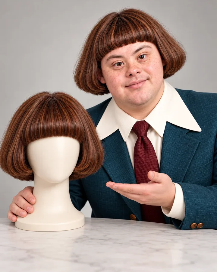 Jamie Downey Jr. in his teal suit, presenting the chestnut bob wig on a stand