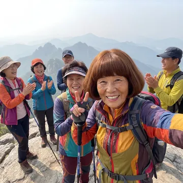 A hiker taking a summit selfie in the bob while her group cheers